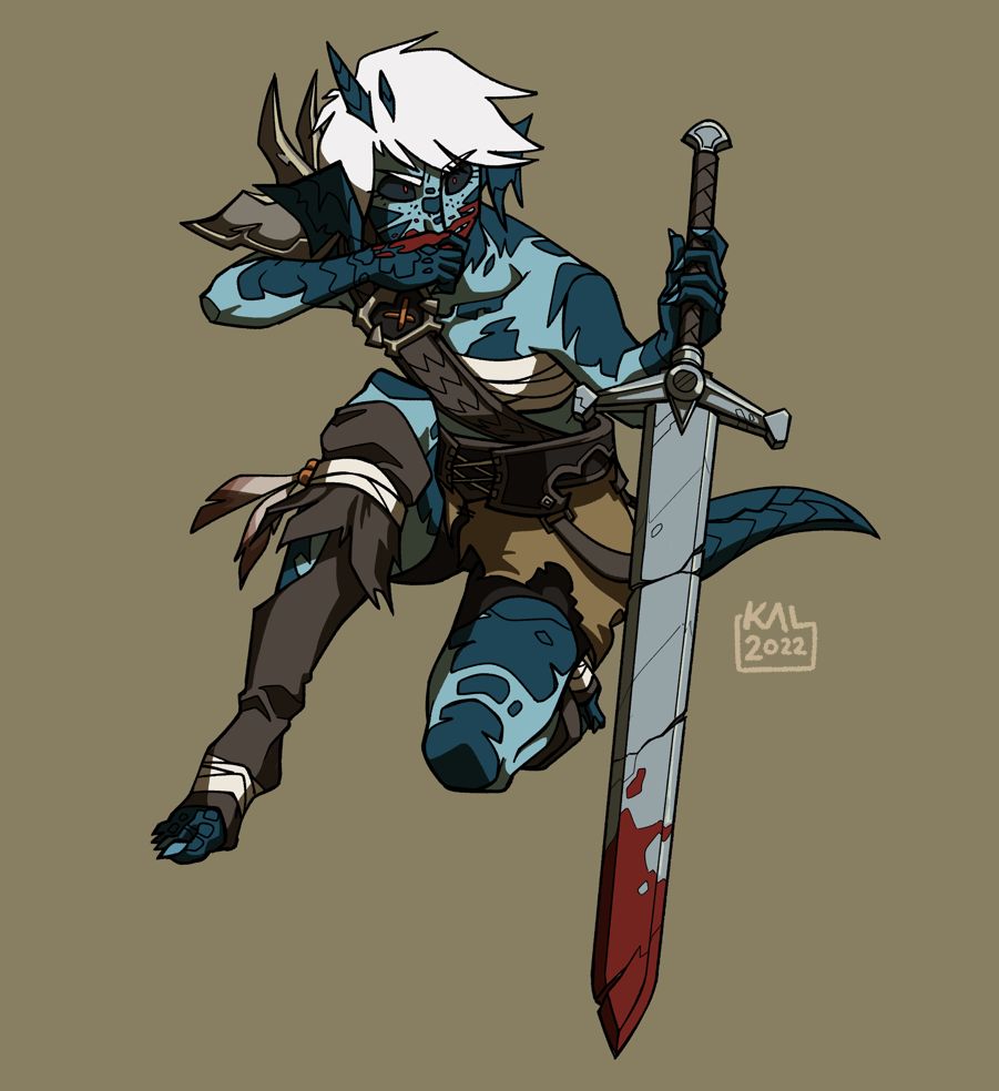 Korinn is a blue-skinned lizard woman. She has been brought to her knees and is currently wiping some blood away from her mouth. Is it her blood, or that of her opponent?