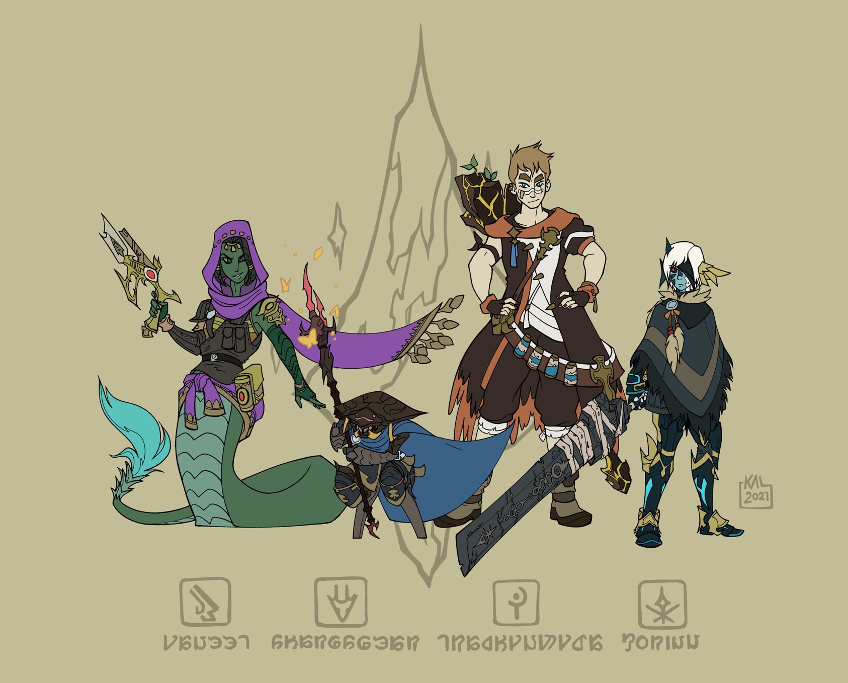 The light party is comprised of four heros. From left to right... Vaneet the green skinned Lamia wielding a pistol, Sharpspear the squat bug person with a lance, Trachynwyda the towering mage with a rocky staff, and Korinn the short dragon woman with a sword as big as her.