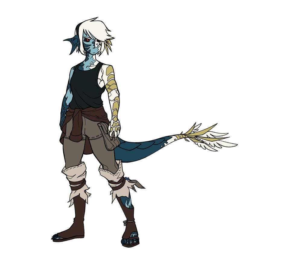 Korinn is normally a blue-skinned dragon lady, but she now shows signs of aetheric corruption. Her left arm and the left side of her face have been bleached white and now resemble cracked plaster. Where her blue scales would normally be, golden bands peek through her altered skin.