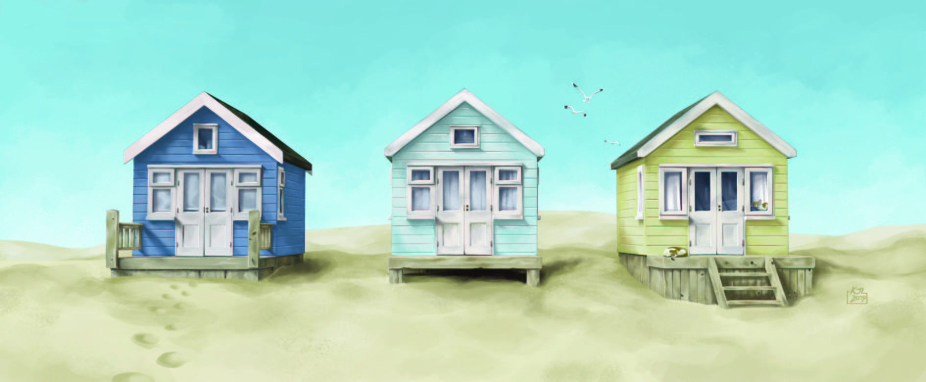 Three colourful beach huts sit on a golden sandy beach.