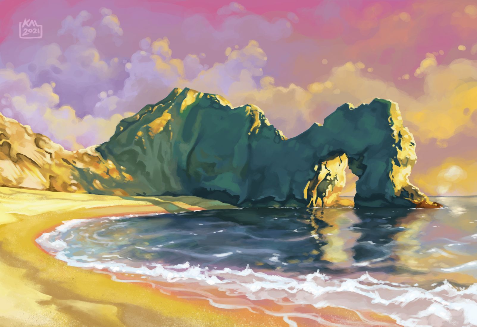 The arch of Durdle Door is cast in sharp relief in the sunset light.