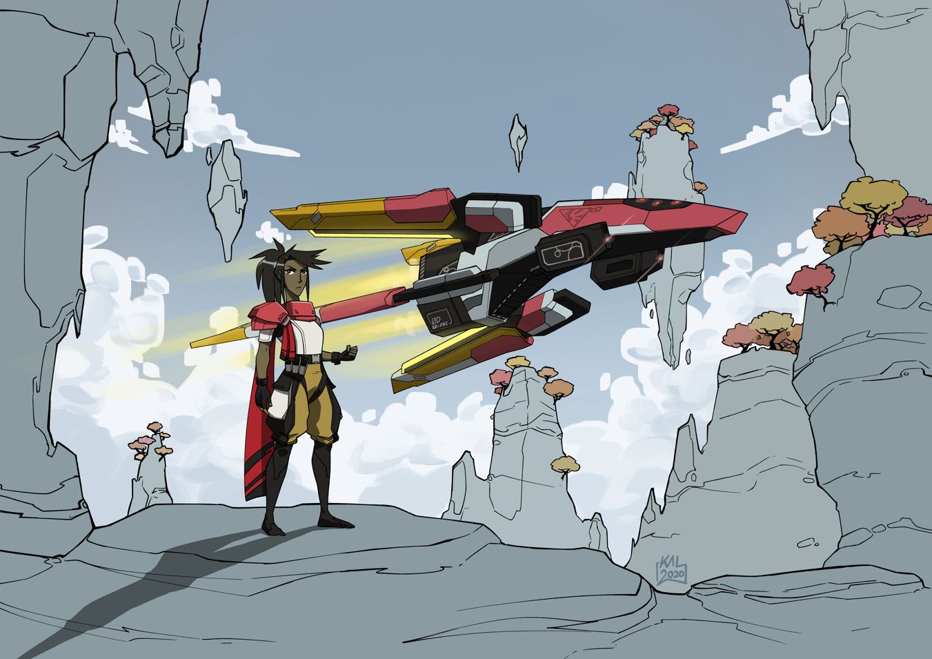 Riya is a human pilot standing in a mountain range floating in the sky. Behind her, a red spaceship screams by.