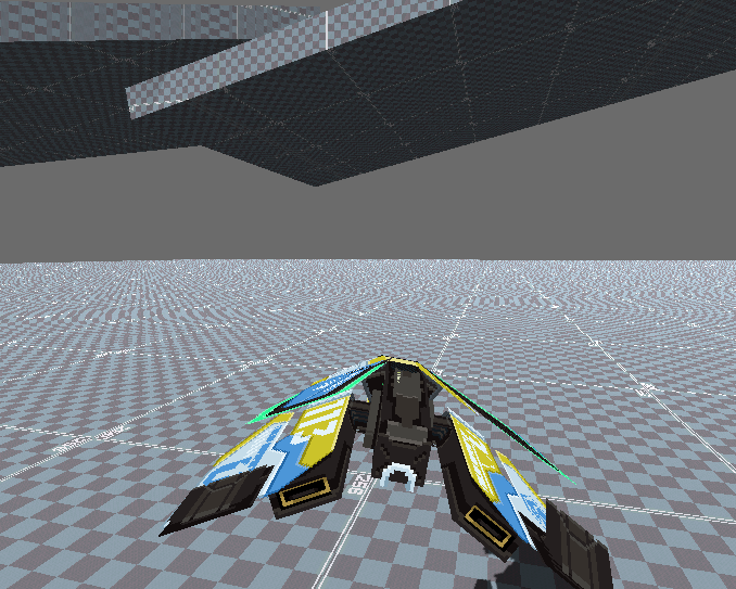 A low poly shapeship in a bare testing environment.