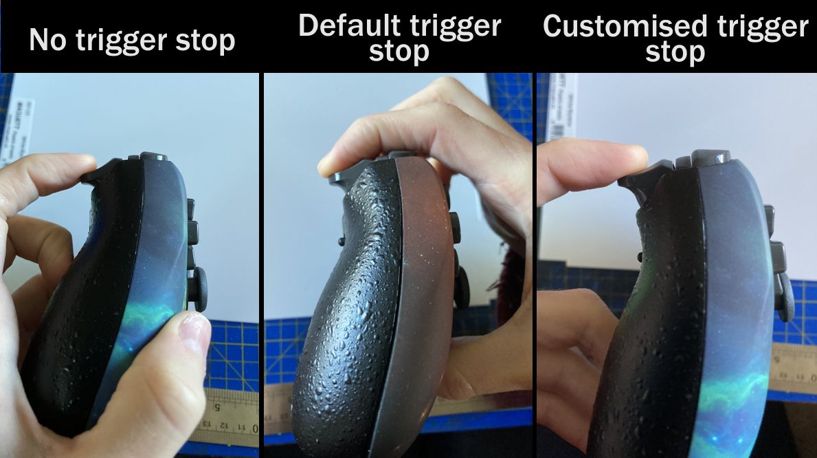 Comparison between the trigger pulls between no trigger stop, the default trigger stop, and my custom trigger stop. My custom trigger stop shows the smallest actuation distance.