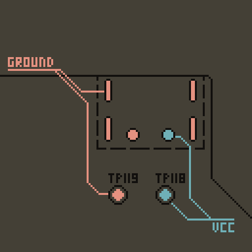 Diagram of the WiiU motherboard, showing that the ground mount point for the power port is connected to pad TP119. The power mount point is connected to pad TP118.