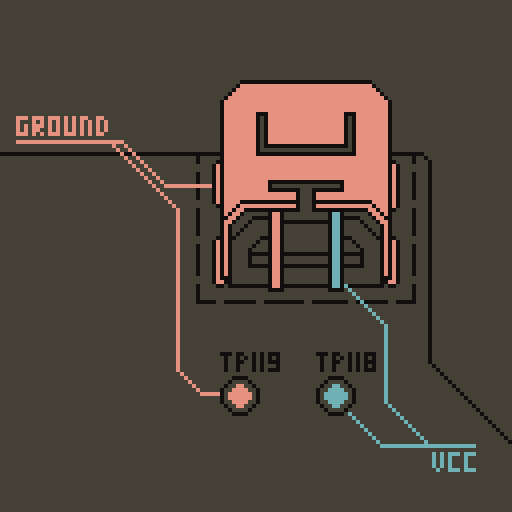 Diagram of the WiiU charging port and nearby motherboard. The ground contact is connected to pad TP119. The power contact is connected to pad TP118.