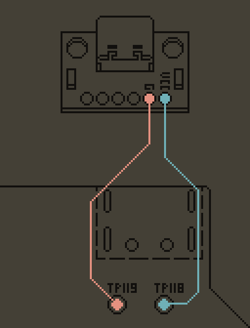 Diagram showing the VCC pin on USB-C connected to pad TP118 on the Wii U gamepad motherboard. The UCB-C ground pin is connected to the TP119 pad.