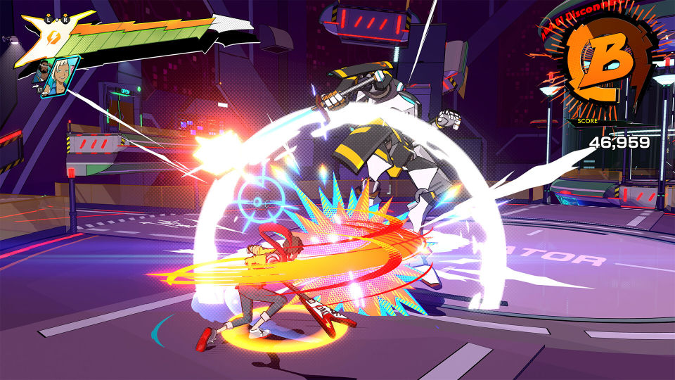 Chai unleashes an explosive attack against a large robot enemy, causing a massive cartoonly explosion effect.