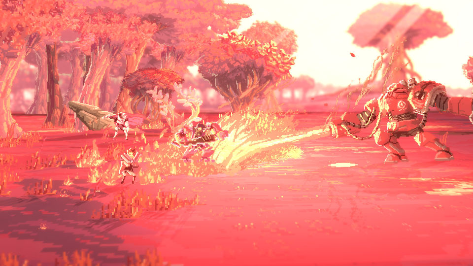 A large red mech attacks the heroes of the Star Renegades in a field bathed in the light of a dawning sun.