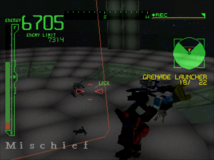 Screenshot of Armored Core 1. Two bipedal fighting machines face off, the player mech is airborne and aiming down at its opponent with a handheld grenade launcher.