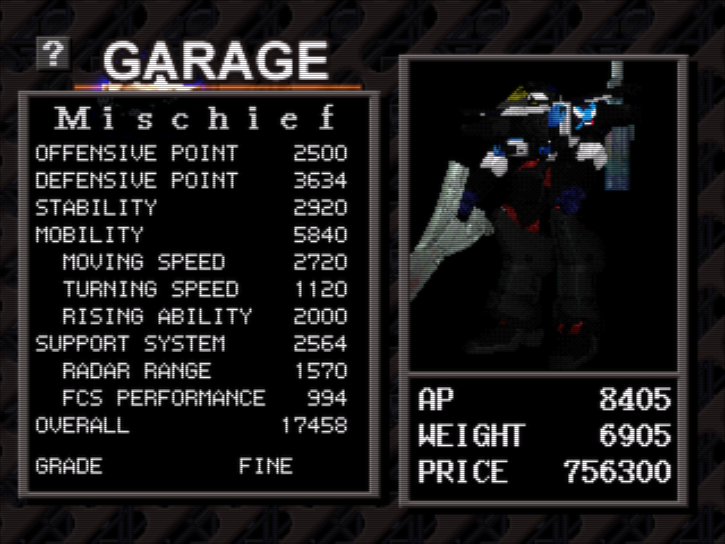 Screenshot of Armored Core 1. Stats screen for the bipedal mech called Mischief. Most of the numbers aren't important, but here are the major ones. AP = 8405. Weight = 6905. Price = 756300. Overall rating = Fine.