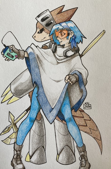 Sketch of my Cassette Beasts character and my favourite monster Palangolin. My character has blue hair and is wearing a transparent orange visor and a white poncho.