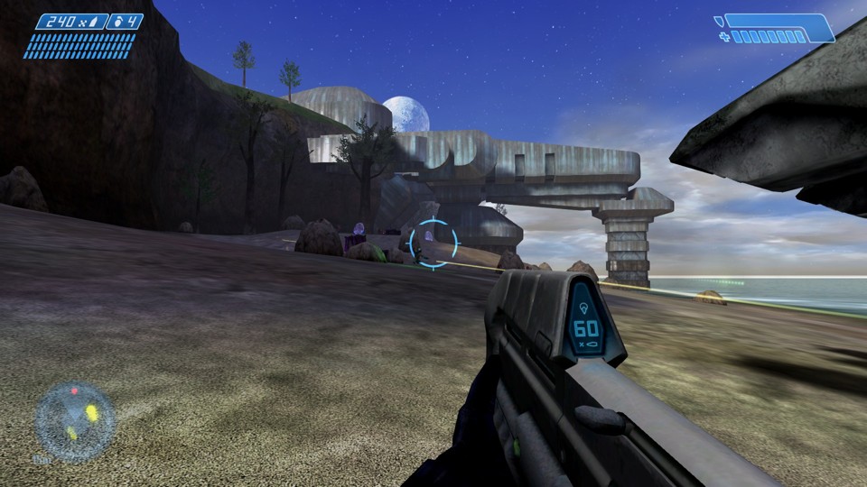 Screenshot of the orginal Halo game, depicting a UNSC beach landing on the ring.