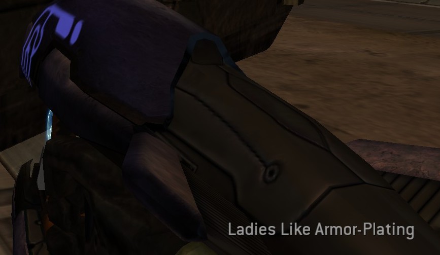 Screenshot of the orginal Halo game. The chapter title reads: Ladies like armor-plating.