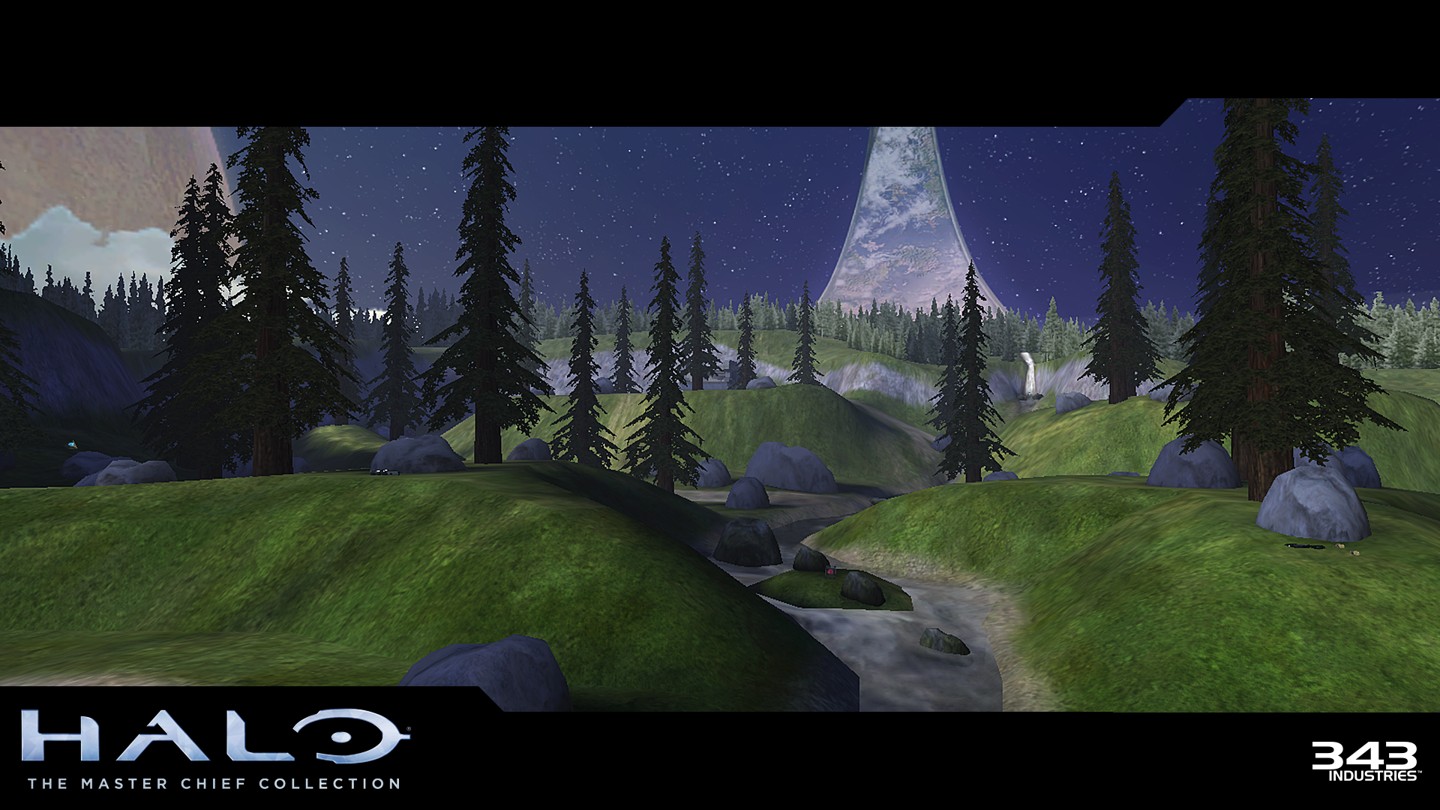 Screenshot of the orginal Halo game. A turbulent river snakes through a verdant clearing in a pine forest. In the distance, the ring-world of Halo stretches up into the dusky blue sky, indicating that we are very much not on earth.