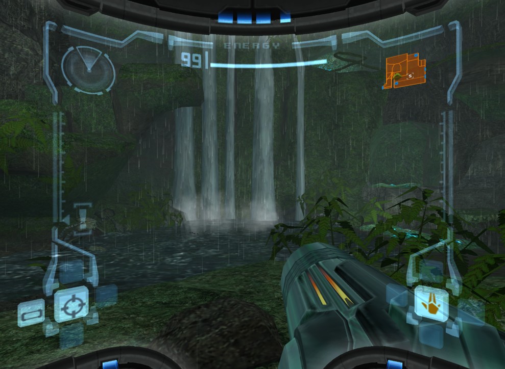 Screenshot of Metroid Prime, depicting a waterfall in a lush jungle.