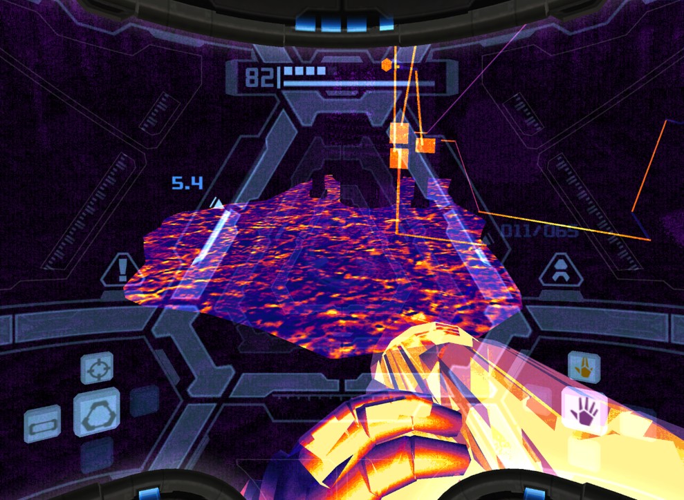 Screenshot of Metroid Prime, depicting the termal visor mode. From a first person perspective, Samus' arm cannon appears in a stark yellow-orange against the dark purple of the environment.