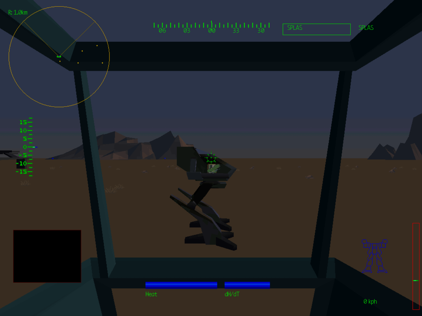 Screenshot of Mechwarrior 2's tutorial mode, where the trainer is in a Maddog battlemech. The Maddog has reverse jointed legs and an aerodynamic angled hull.