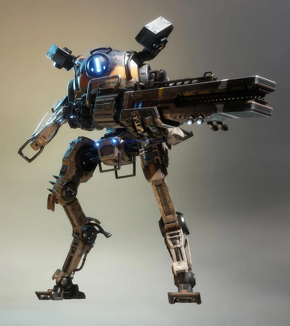 The Northstar Titan has a spherical body perched atop two spindly legs. It carries a sniper rifle almost as tall as it is.