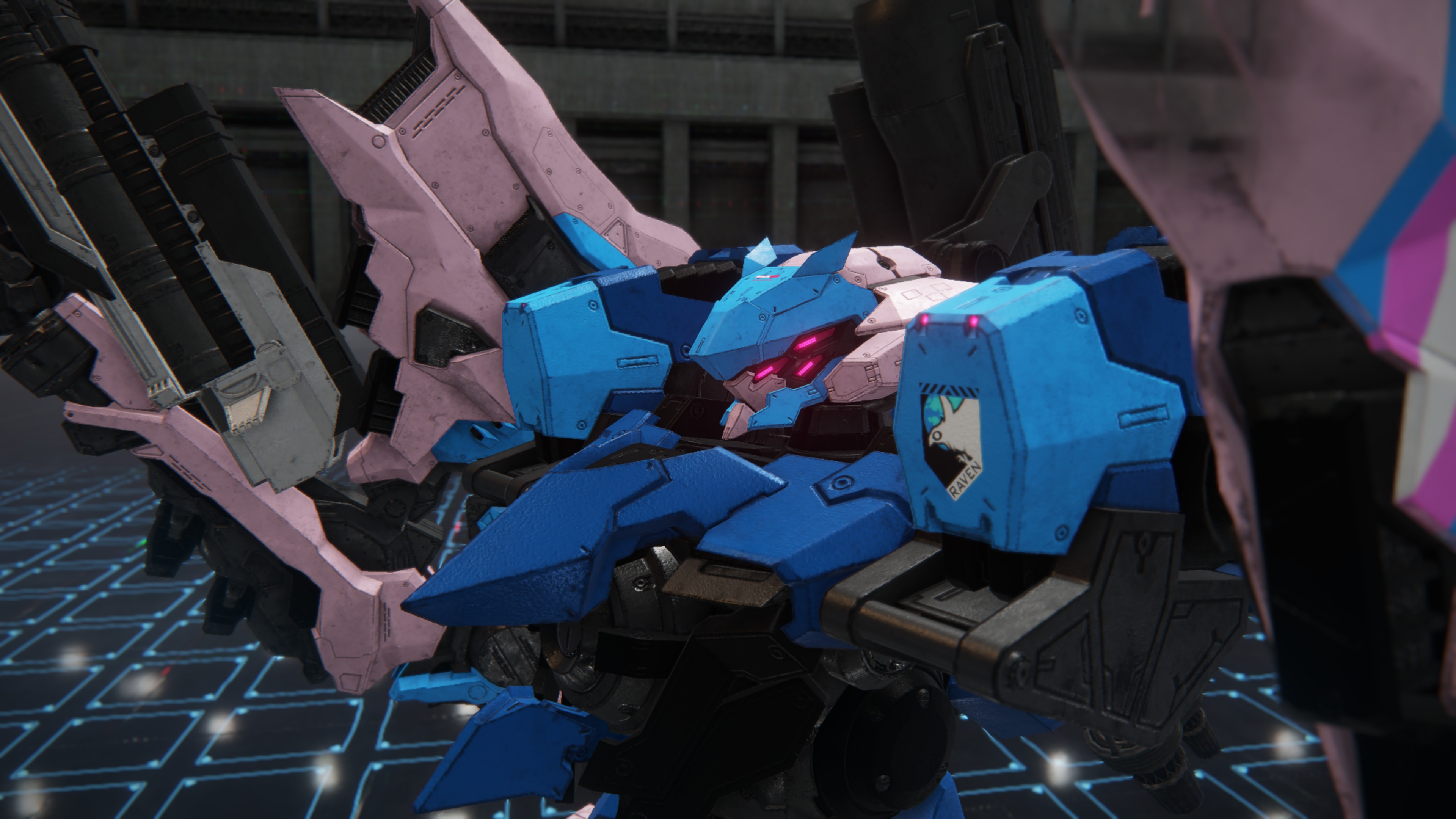 Screenshot of a custom mech in Armored Core 6. Close up of its head, which has three eyes on each side of its head.