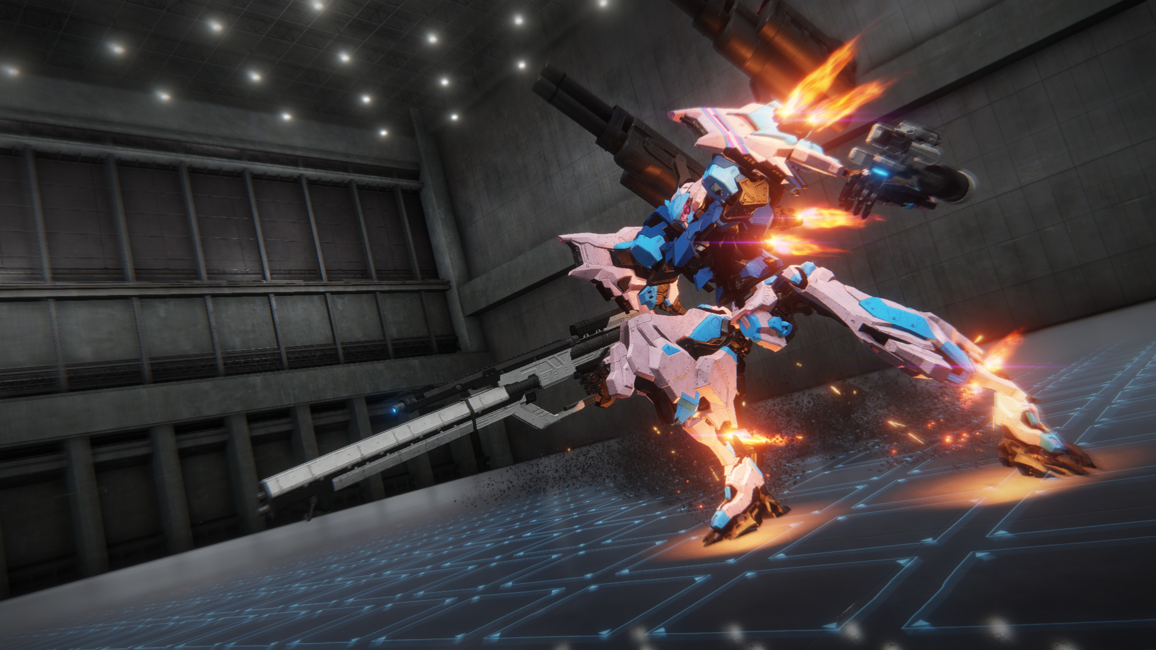 Screenshot of a custom mech in Armored Core 6. It is lightly armored, carrying a large rifle and armed with two heavy grenade launchers on its back. It boosts across an arena, kicking sparks up from where it touches the floor.