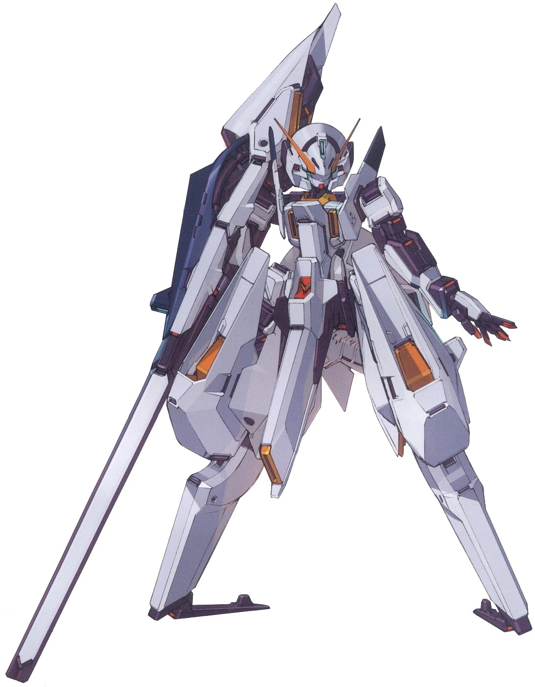 The Gundam Woundwort has a proportionally small body and oversized legs. Instead of feet, the legs taper down to flat flanding pads: this robot is designed for flying in space, not for walking on land.