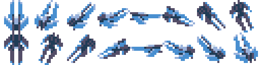 16 frames of animation showing a spaceship with two prongs at the front rotating around the Z axis.