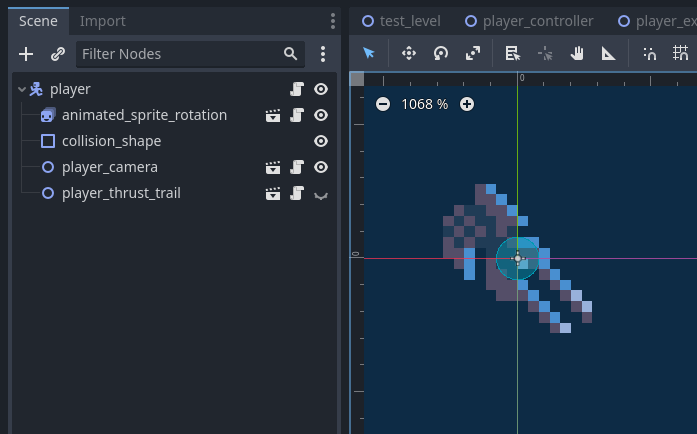 My player Scene is comprised of the player node itself, then child nodes for controlling the sprite animation, collisions, camera controller, and thrust particle trail.