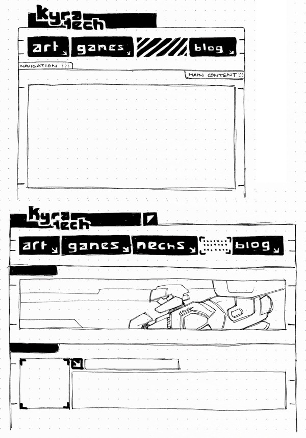 Initial sketch of website design. These designs have interactive elements in black instead of white.