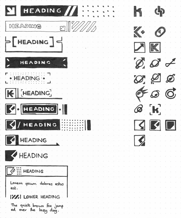 Sketch of headings and icons for the website. Many of the designs use arrows as a core element.