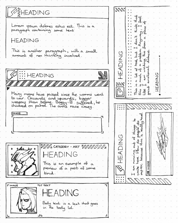 Sketch of panels for the website. The panels have delimited title bars with decoration in the form of dots and chevrons.