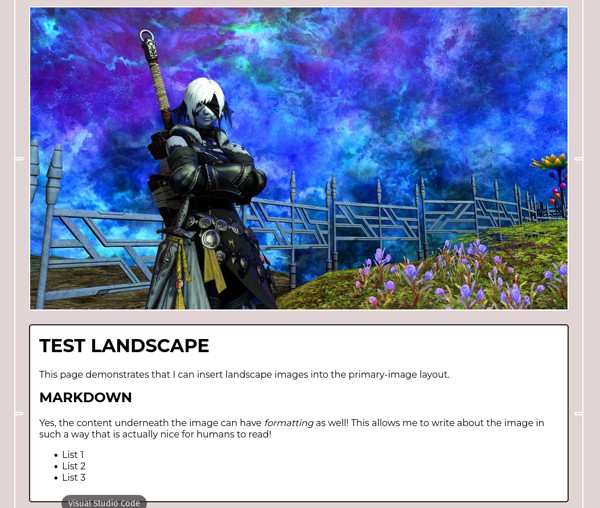 An early version of my website, showing a content page with a large primary image of a screenshot of Final Fantasy 14.