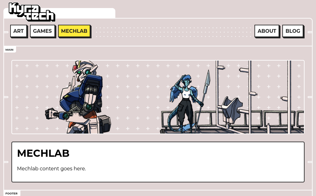 An early version of my website. The mechlap hero image shows the harpy woman wiping her brow whilst she performs maintenance on a giant gunpla.