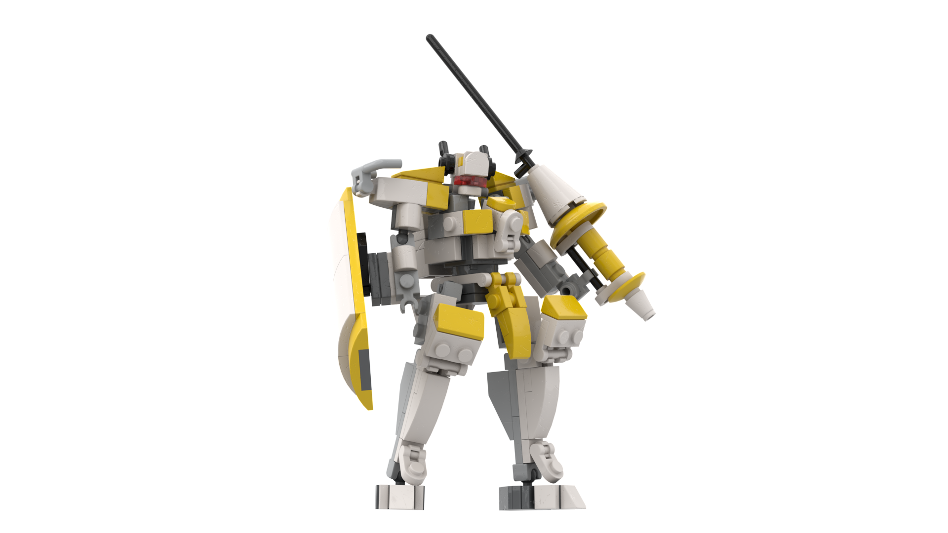 The Transgressors Lament is a classic humanoid mecha, resembling a suit of armour forged from white and gold metal. It is armed with a lance and a tower shield.